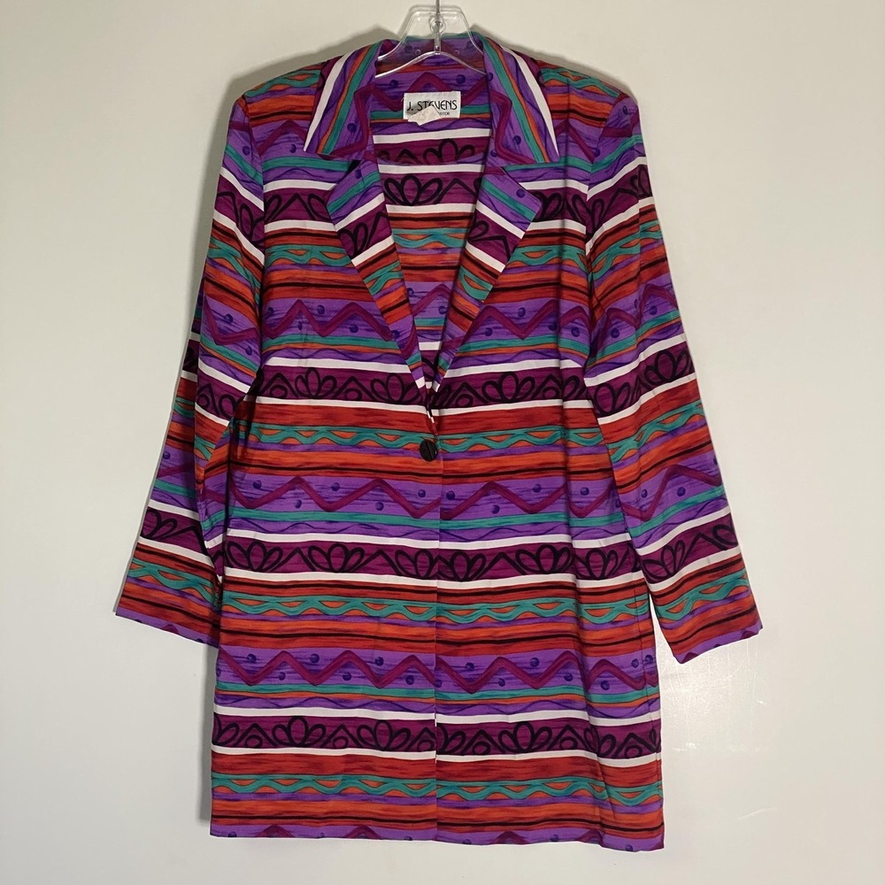 Vintage J. Stevens Blazer Jacket Womens 10 Multicolor Stripe Art to Wear Boho